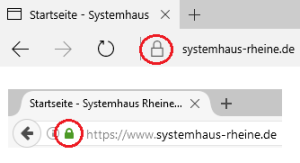 Anzeige der Verschlüsselung bei Firefox und Edge. Unverschlüsselte Verbindungen werden nicht gesondert angezeigt.